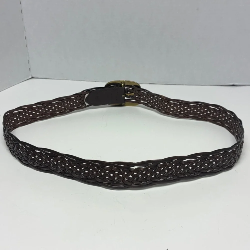 New York & Co. Braided Belt Womens M/L Brown Bonded Leather Woven Gold Buckle